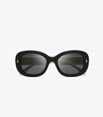 Tory Burch Miller Oval Sunglasses - Black/Ivory/Dark Grey Solid
