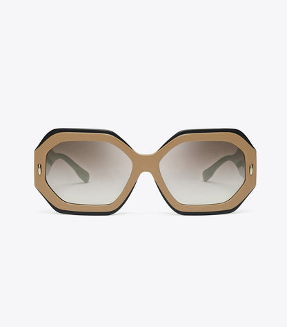 Tory Burch Miller Geometric Sunglasses - Navy/Beige/Clear Grad Mirror Silver