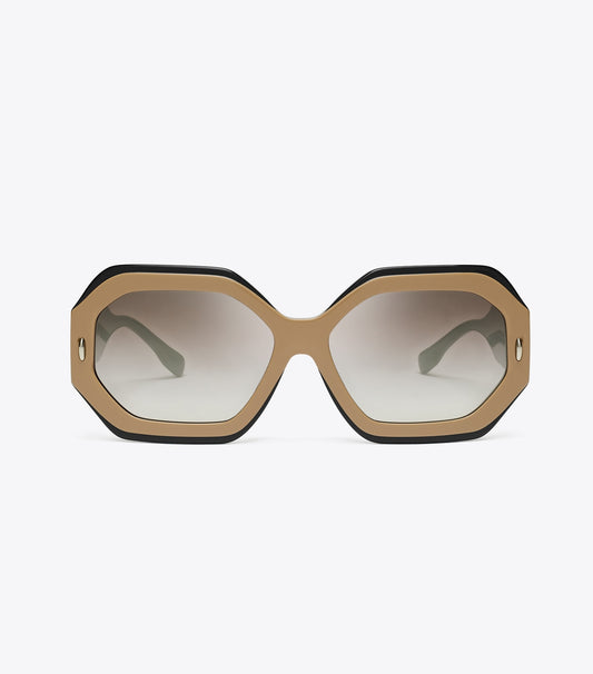 Tory Burch Miller Geometric Sunglasses - Navy/Beige/Clear Grad Mirror Silver