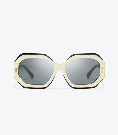 Tory Burch Miller Geometric Sunglasses - Black/Ivory/Dark Grey Solid