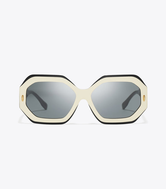 Tory Burch Miller Geometric Sunglasses - Black/Ivory/Dark Grey Solid