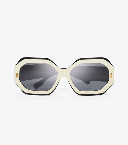 Tory Burch Miller Geometric Sunglasses - Black/Ivory/Dark Grey Solid