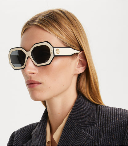 Tory Burch Miller Geometric Sunglasses - Black/Ivory/Dark Grey Solid