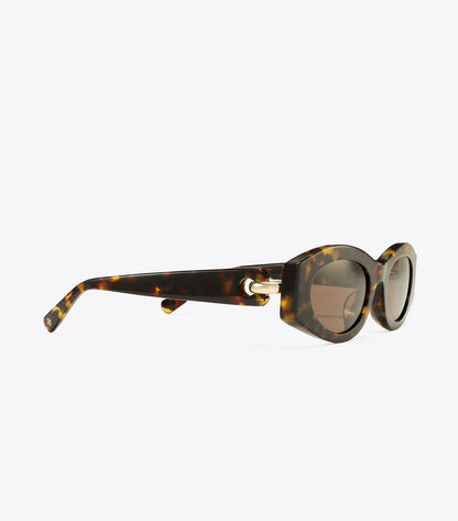 Tory Burch Pierced Oval Sunglasses - Dark Tortoise/Solid Brown