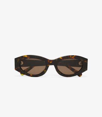 Tory Burch Pierced Oval Sunglasses - Dark Tortoise/Solid Brown