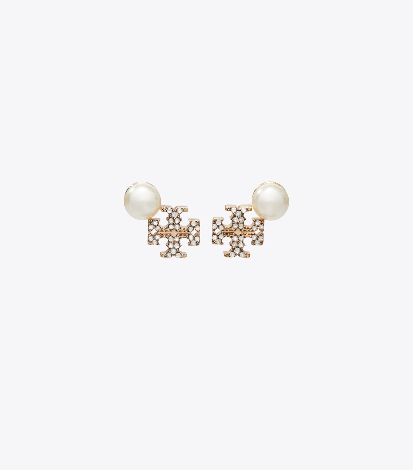 Tory Burch Moondance Logo and Pearl Stud Earrings - Tory Gold / Pearl / Crystal