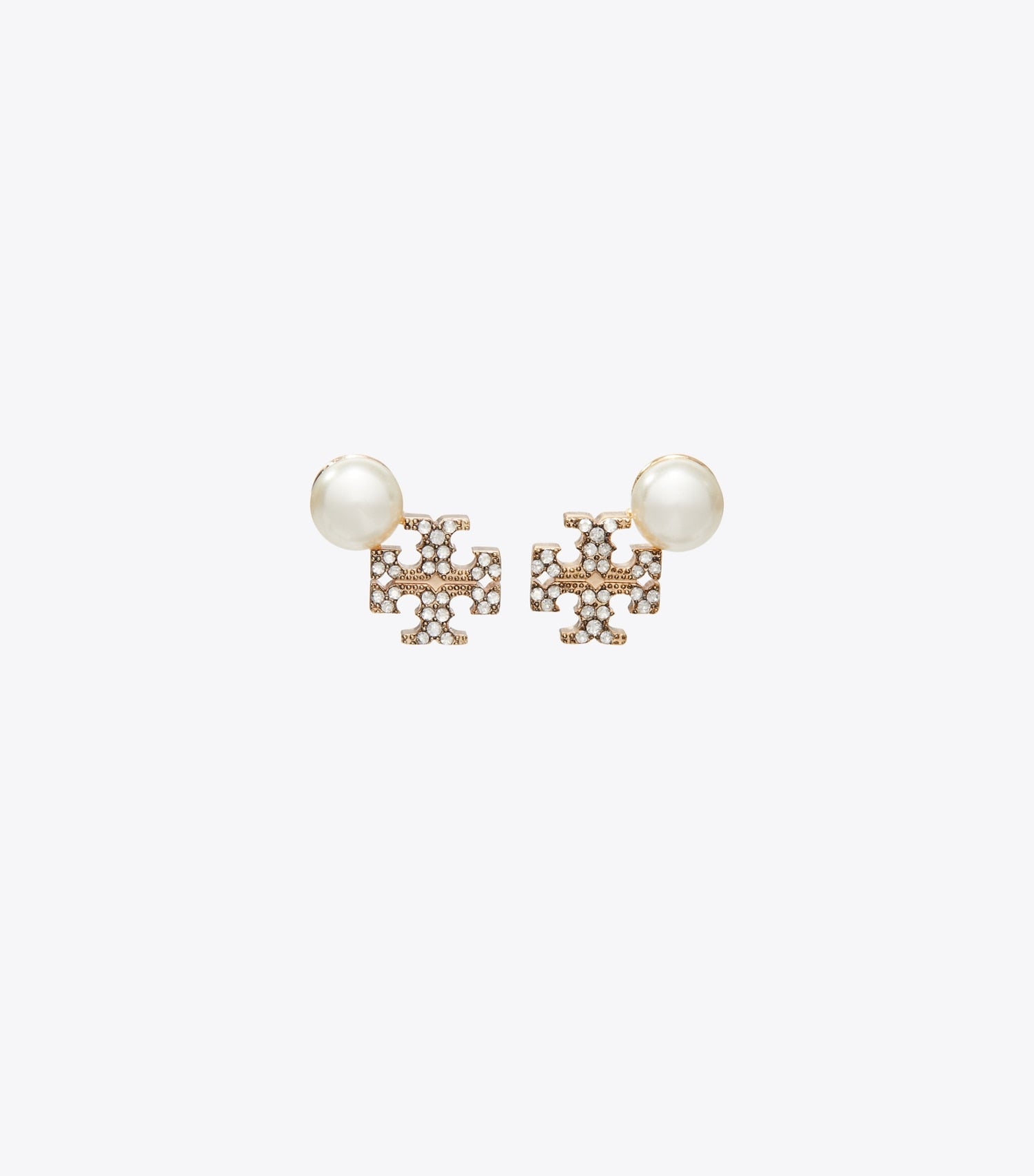 Tory Burch Moondance Logo and Pearl Stud Earrings - Tory Gold / Pearl / Crystal