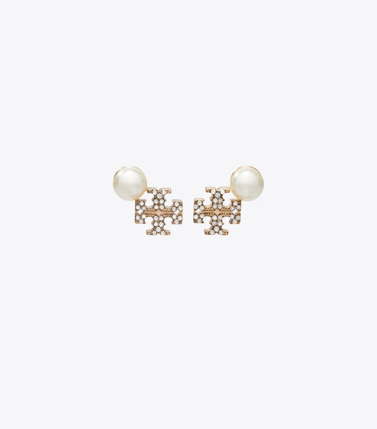 Tory Burch Moondance Logo and Pearl Stud Earrings - Tory Gold / Pearl / Crystal