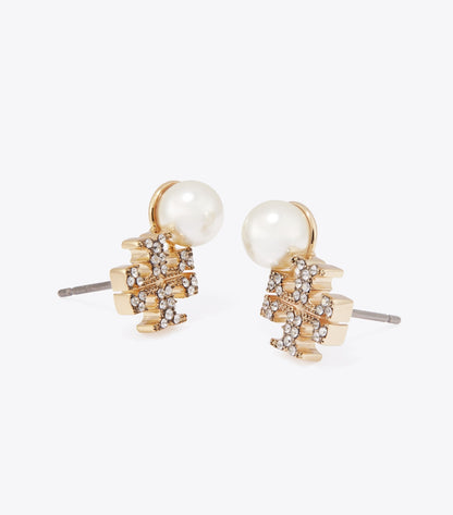 Tory Burch Moondance Logo and Pearl Stud Earrings - Tory Gold / Pearl / Crystal