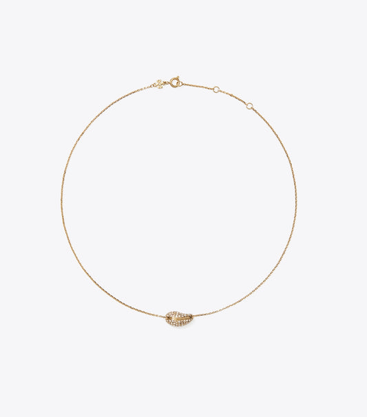 Tory Burch Pierced Pavé Pendant Necklace - Light Brass / Crystal