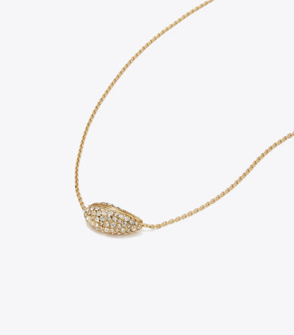 Tory Burch Pierced Pavé Pendant Necklace - Light Brass / Crystal