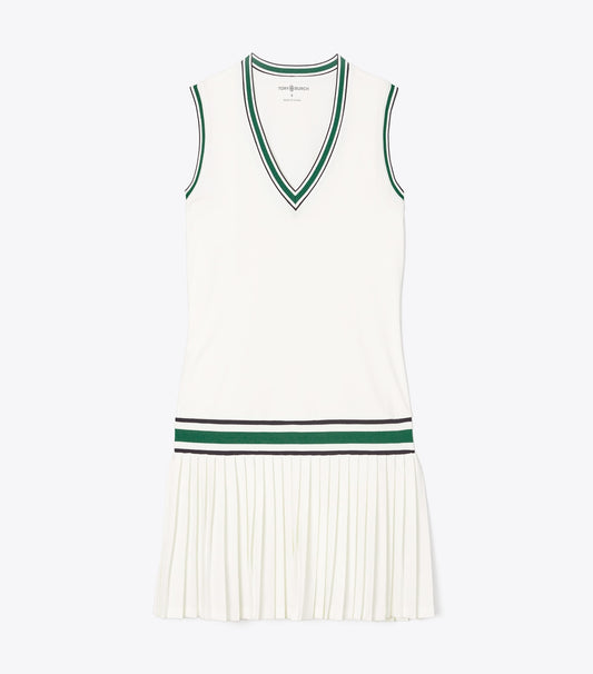 Tory Burch Performance Jersey V-Neck Tennis Dress - Snow White / Evergreen