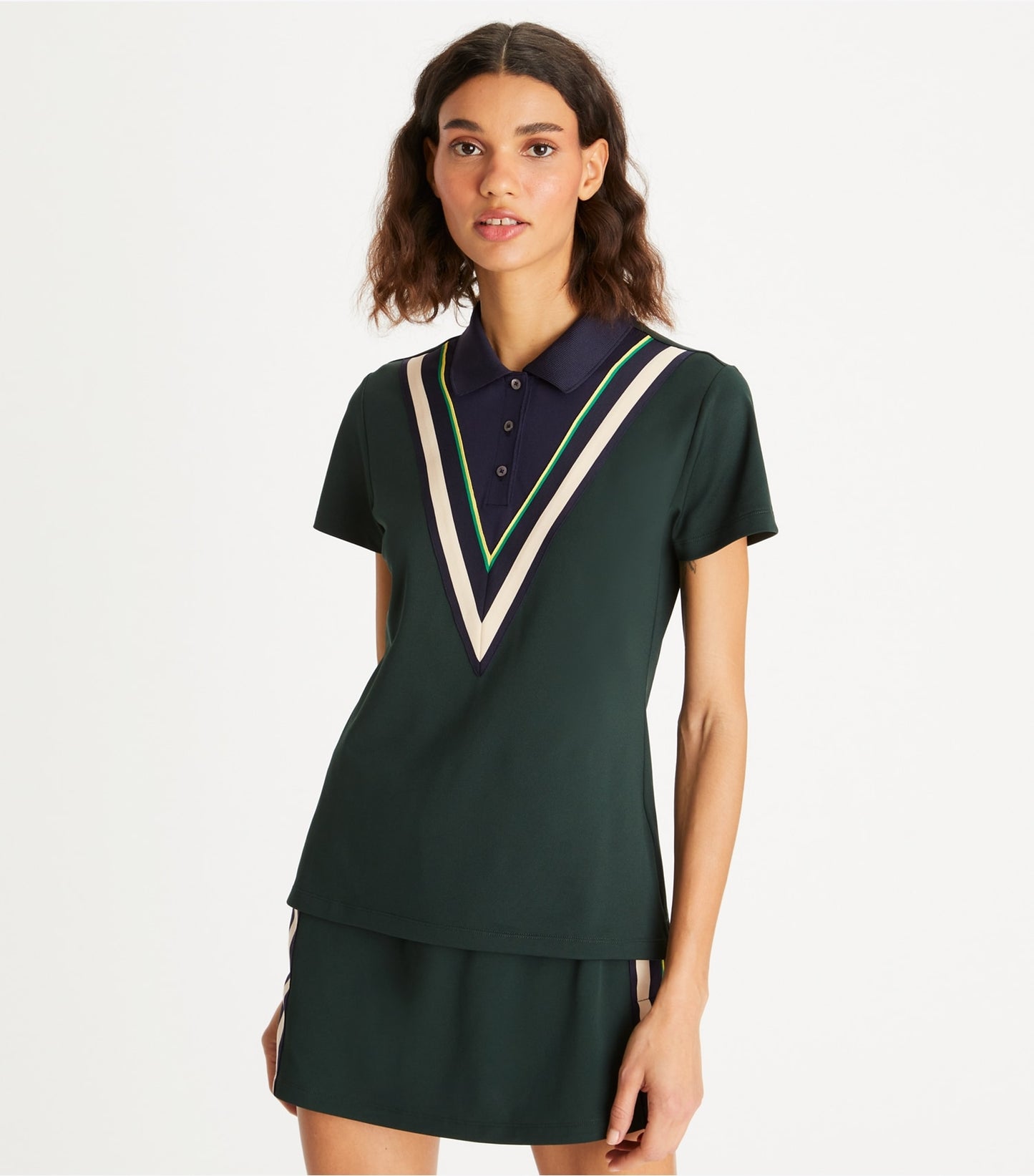 Tory Burch Tech Piqué Chevron Polo - Conifer
