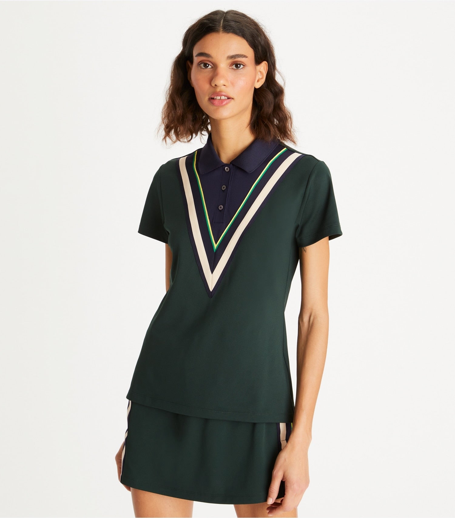 Tory Burch Tech Piqué Chevron Polo - Conifer