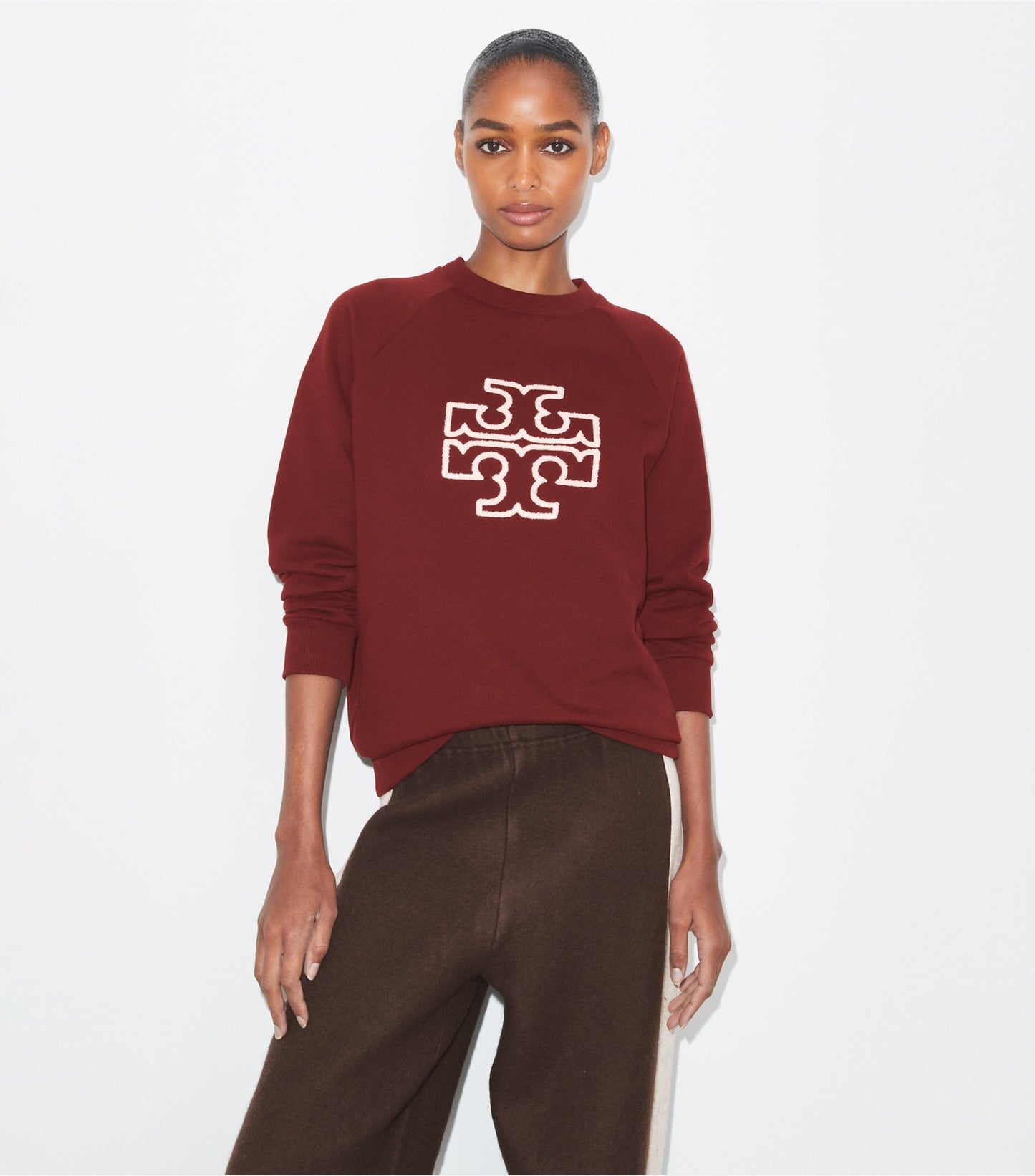 Tory Burch Heavy French Terry Logo Crewneck - Dark Sangria