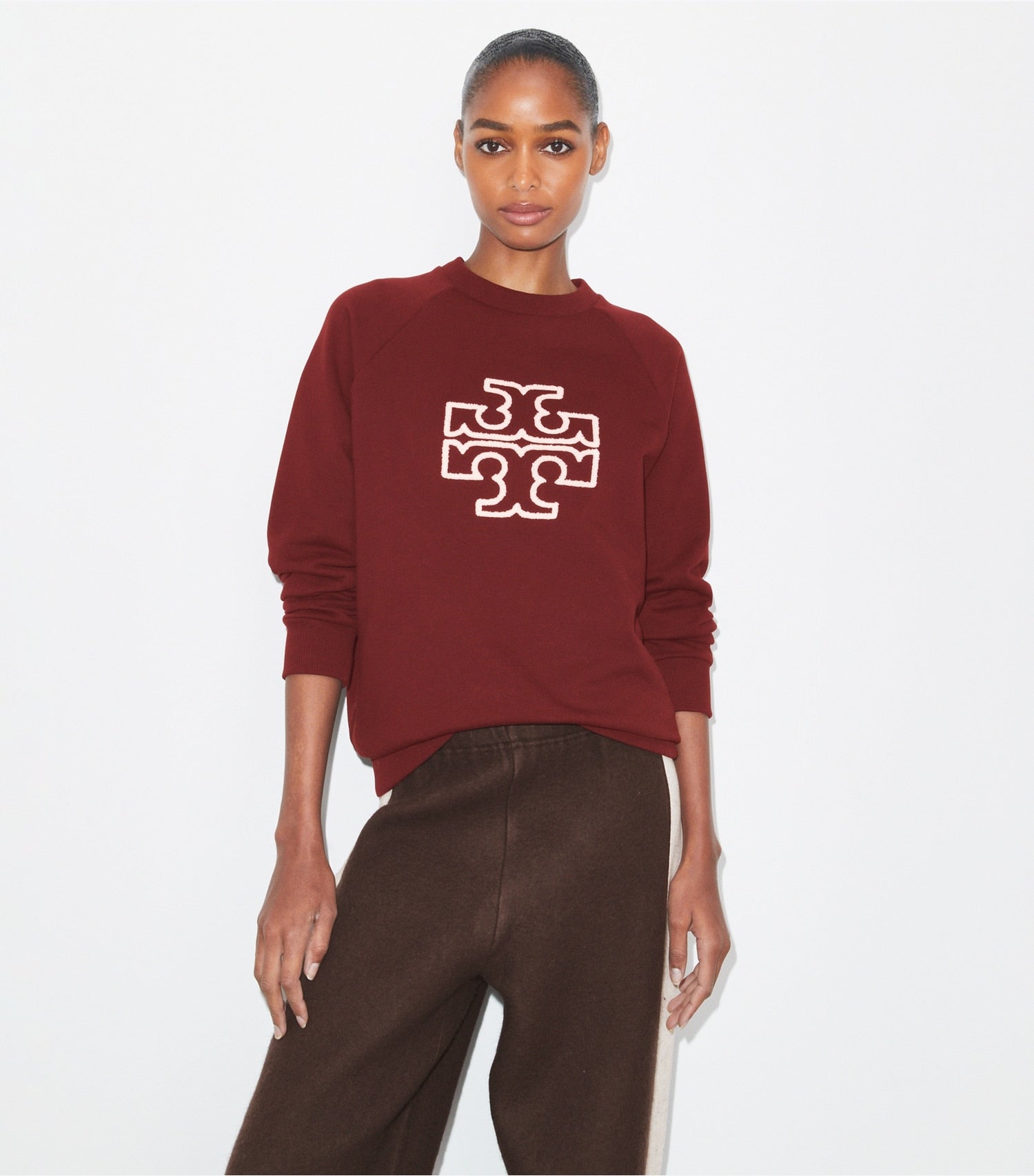 Tory Burch Heavy French Terry Logo Crewneck - Dark Sangria